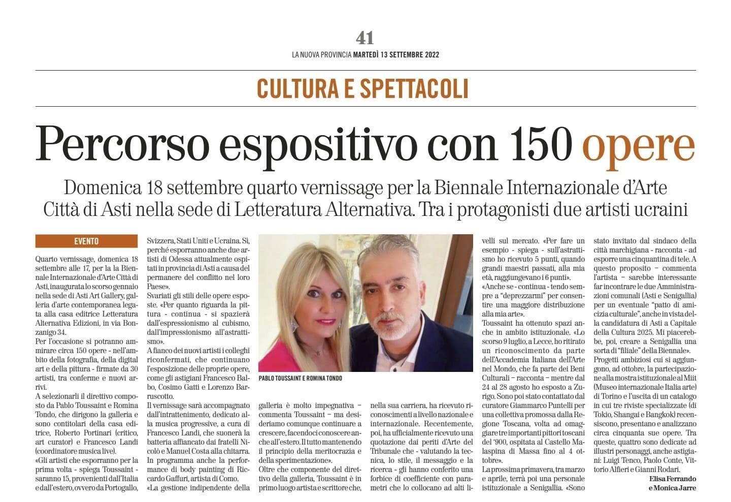 La Nuova Provincia, 13 settembre 2022: Percorso espositivo con 150 opere, quarto vernissage della Biennale di Asti