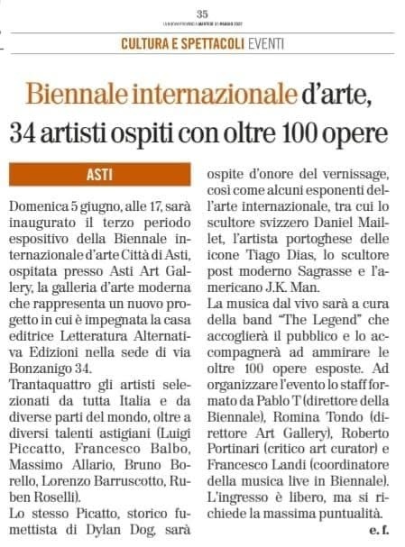 La Nuova Provincia, 31 maggio 2022: Biennale internazionale d’arte, 34 artisti ospiti con oltre 100 opere
