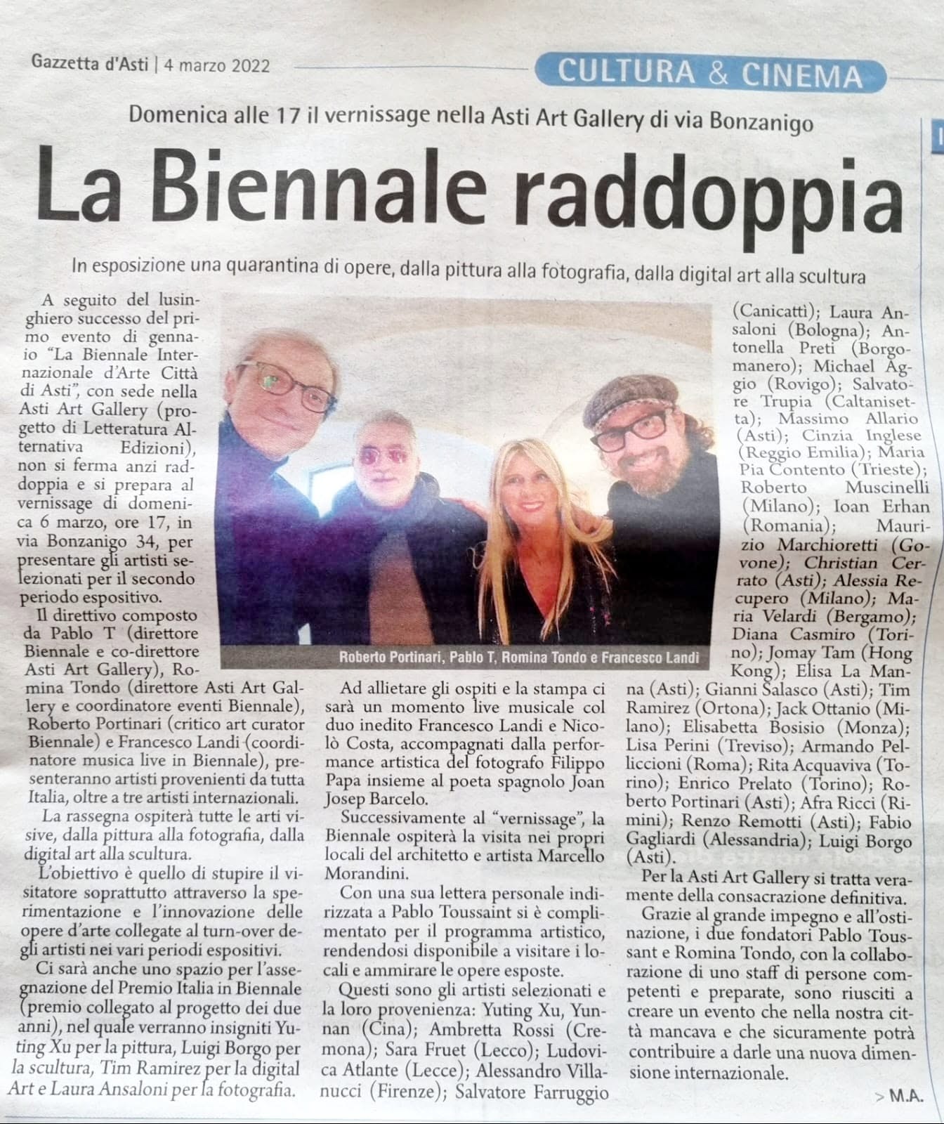Gazzetta d’Asti, 4 marzo 2022: La Biennale raddoppia, secondo periodo espositivo in via Bonzanigo