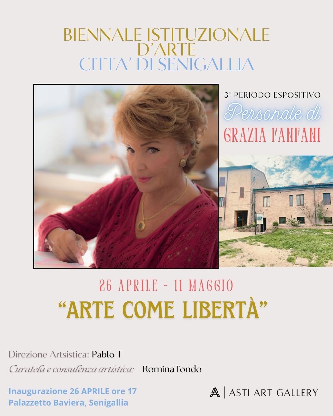 Personale di Grazia Fanfani: Arte come libertà, terzo periodo della Biennale di Senigallia, 26 aprile–11 maggio 2025, Palazzetto Baviera