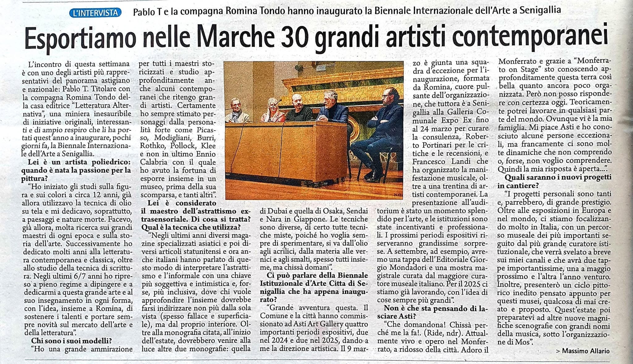 Ritaglio dell’intervista a Pablo T sulla Biennale di Senigallia: Esportiamo nelle Marche 30 grandi artisti contemporanei